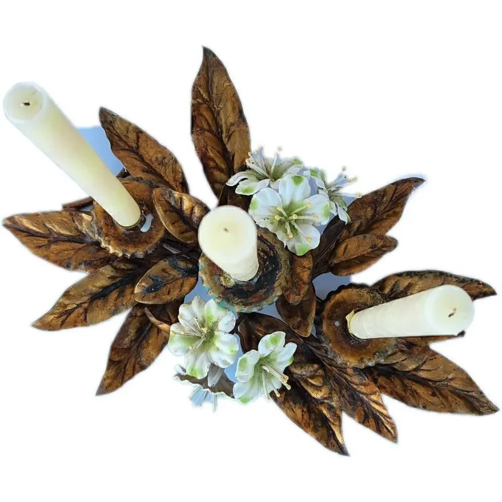 Vintage mid Century golden Bronze leaf candle sconce tri holder ivory flowers